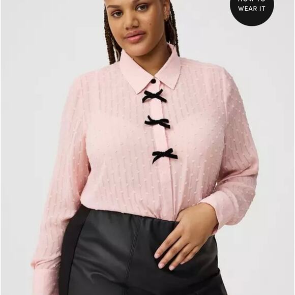 Torrid Pink Chiffon Textured Swiss Dot Semi-Sheer Bow Blouse Size 6X (30) - Picture 1 of 16